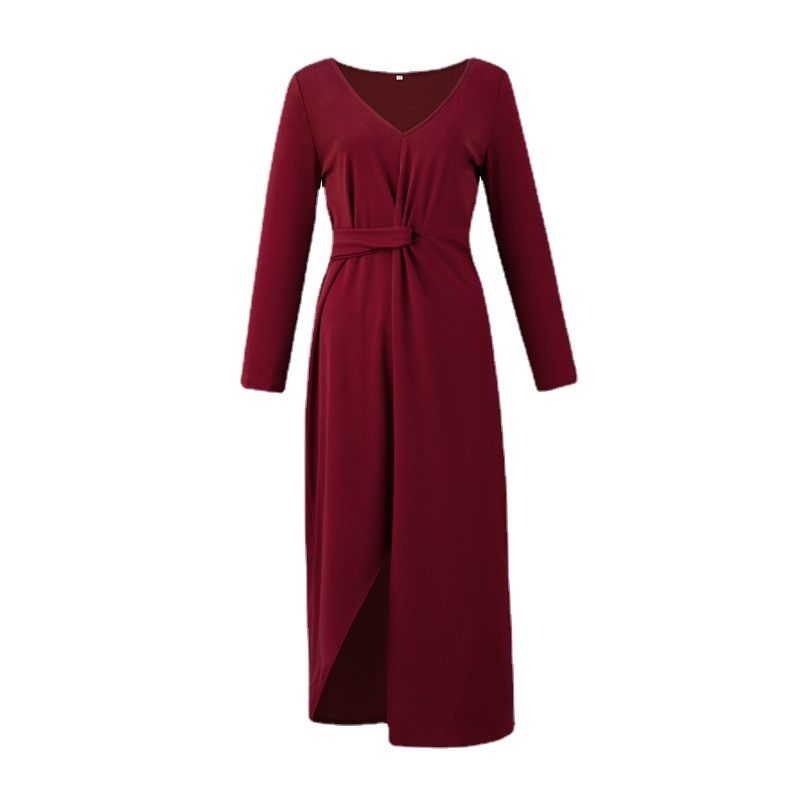 2024 European and American new V-neck long sleeved slit dress, party evening dress dress, popular solid color chest wrapped dress, mid waist slim fit commuting long dress, soft and comfortable