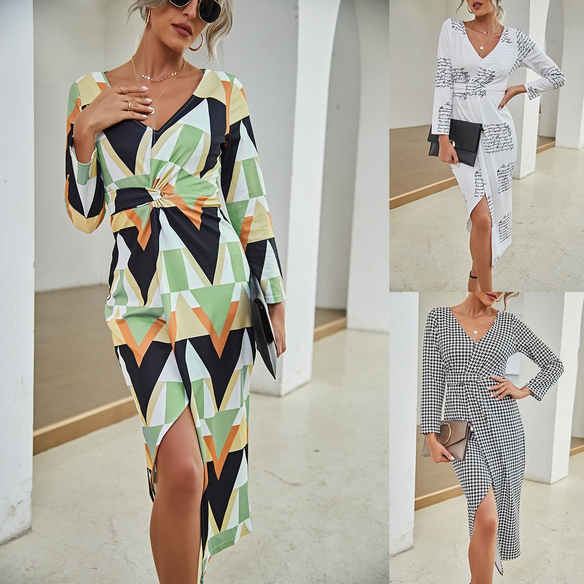 2024 European and American new V-neck long sleeved slit dress, party evening dress dress, popular solid color chest wrapped dress, mid waist slim fit commuting long dress, soft and comfortable