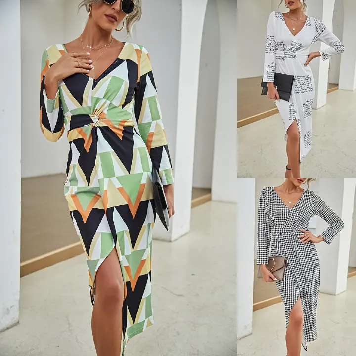 2024 European and American new V-neck long sleeved slit dress, party evening dress dress, popular solid color chest wrapped dress, mid waist slim fit commuting long dress, soft and comfortable