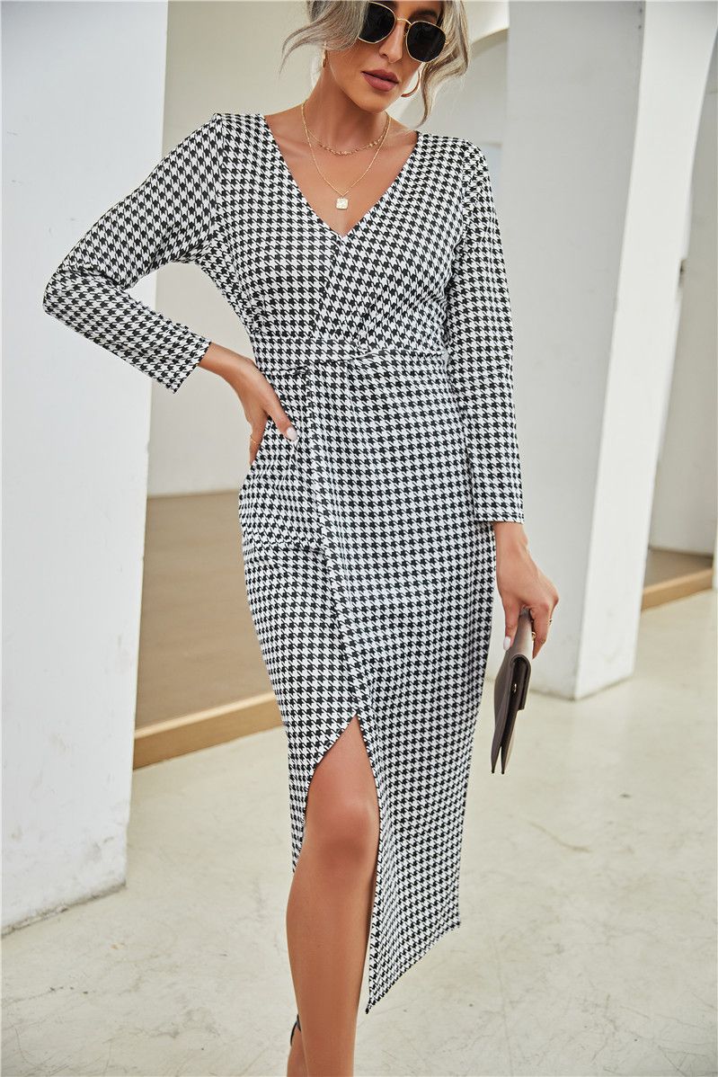 2024 European and American new V-neck long sleeved slit dress, party evening dress dress, popular solid color chest wrapped dress, mid waist slim fit commuting long dress, soft and comfortable