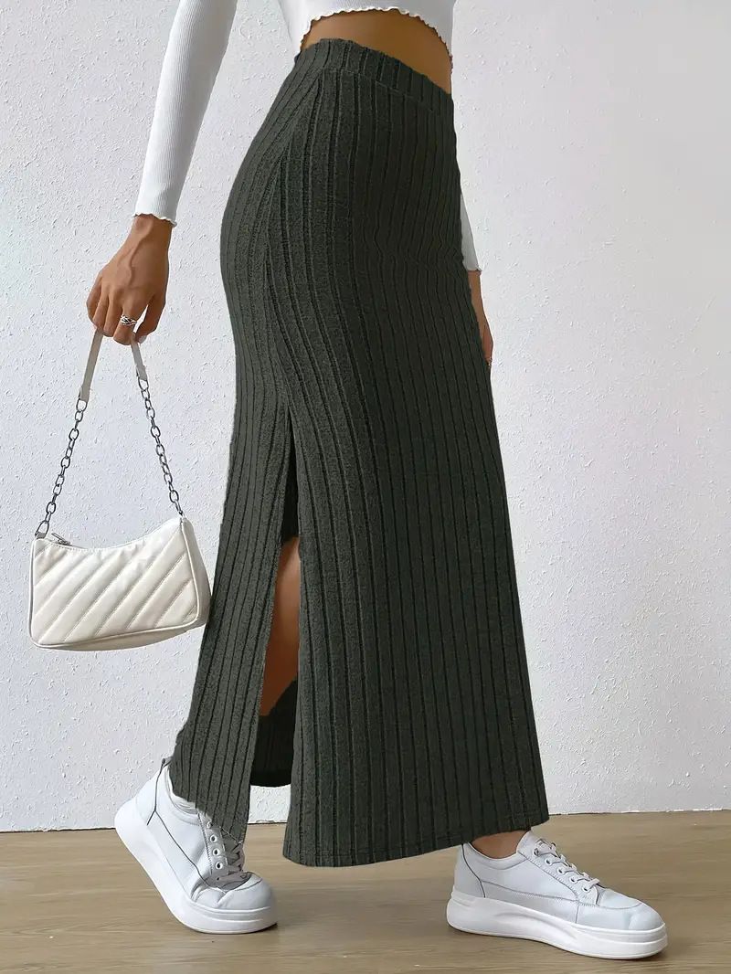 2024 new high waist side slit skirt,slim knit skirt women,fashionable long skirt,solid color elastic waist skirt,Tiktok Amazon popular,simple and casual,fashionable and versatile,soft and comfortable