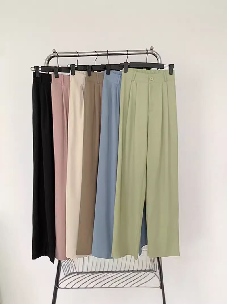 New pink high waist wide leg pants for women, 2024 candy color suit pants straight tube casual pants, slim western-style straight tube pants, simple and pure style, Tiktok popular style