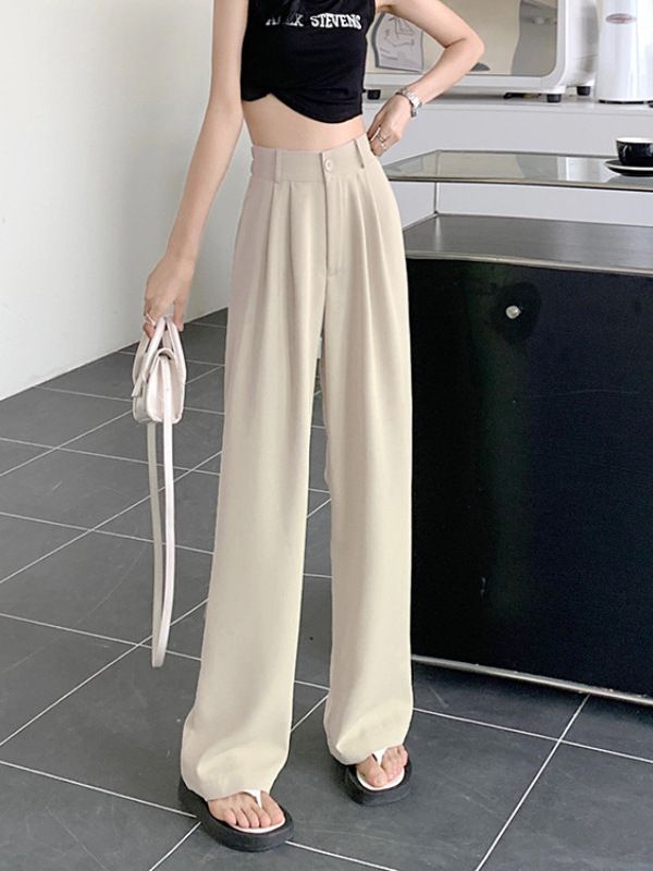 New pink high waist wide leg pants for women, 2024 candy color suit pants straight tube casual pants, slim western-style straight tube pants, simple and pure style, Tiktok popular style