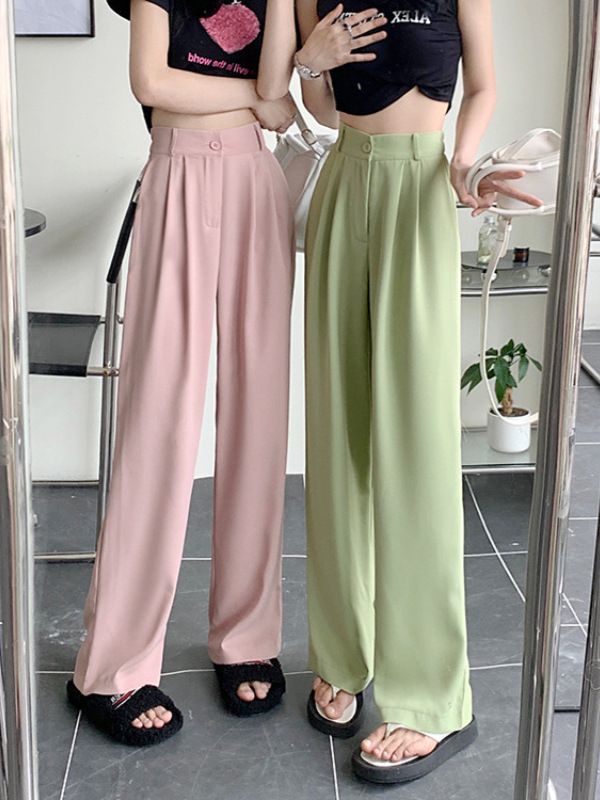New pink high waist wide leg pants for women, 2024 candy color suit pants straight tube casual pants, slim western-style straight tube pants, simple and pure style, Tiktok popular style