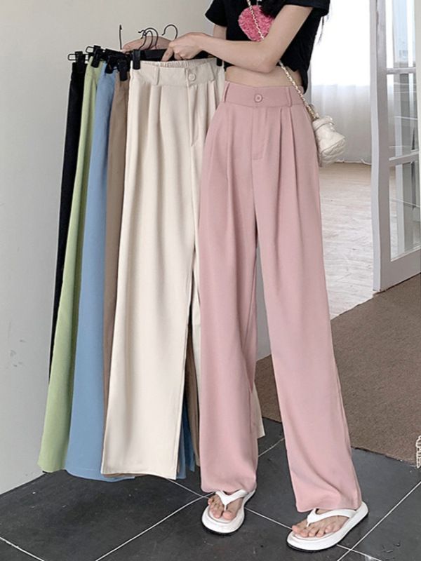 New pink high waist wide leg pants for women, 2024 candy color suit pants straight tube casual pants, slim western-style straight tube pants, simple and pure style, Tiktok popular style