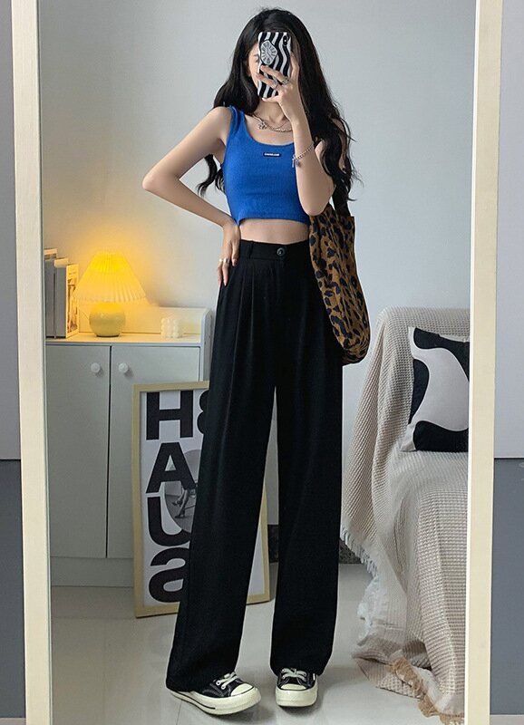 New pink high waist wide leg pants for women, 2024 candy color suit pants straight tube casual pants, slim western-style straight tube pants, simple and pure style, Tiktok popular style