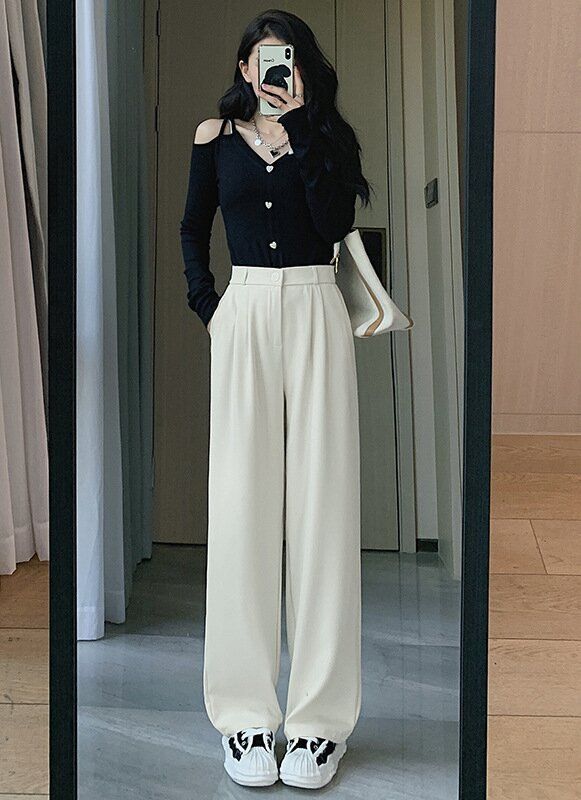 New pink high waist wide leg pants for women, 2024 candy color suit pants straight tube casual pants, slim western-style straight tube pants, simple and pure style, Tiktok popular style