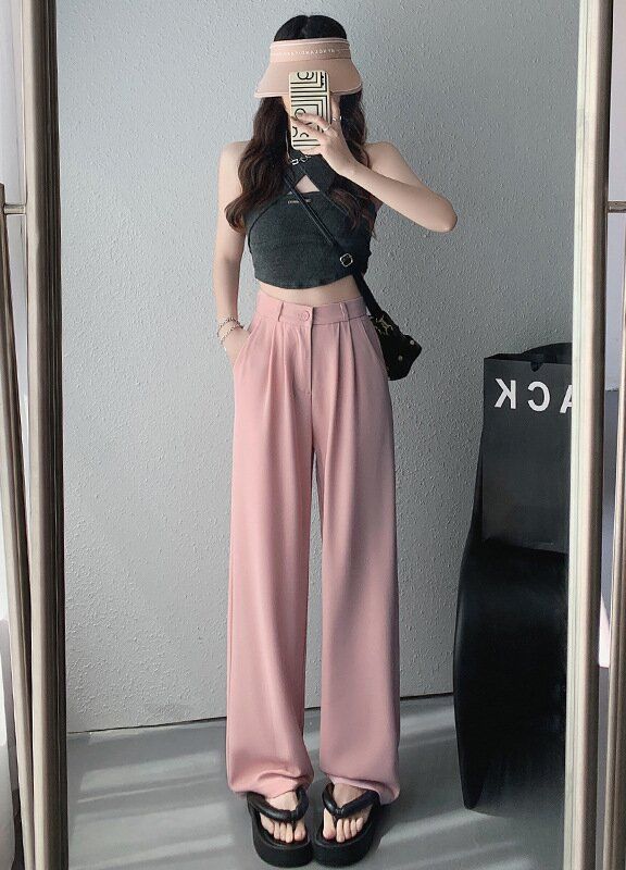 New pink high waist wide leg pants for women, 2024 candy color suit pants straight tube casual pants, slim western-style straight tube pants, simple and pure style, Tiktok popular style