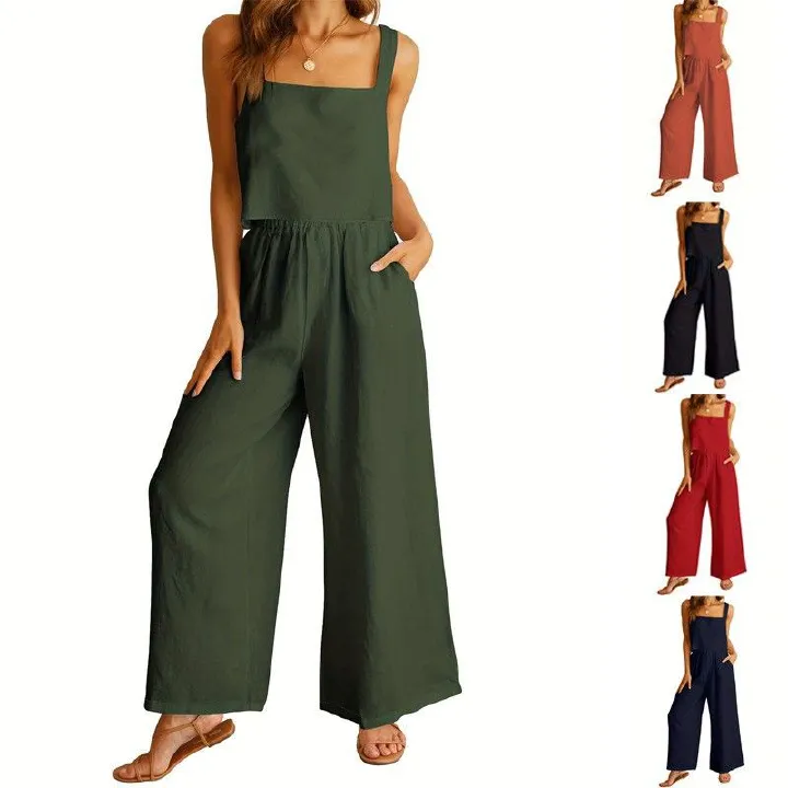 2024 New European and American Fashion Women's 2-piece Set, Square Collar Sleeveless Strap Tank Top, Wide Leg Pants Casual Set, Cotton Elastic Waist, Pocket, Slim Fit Versatile, Soft and Skin friendly