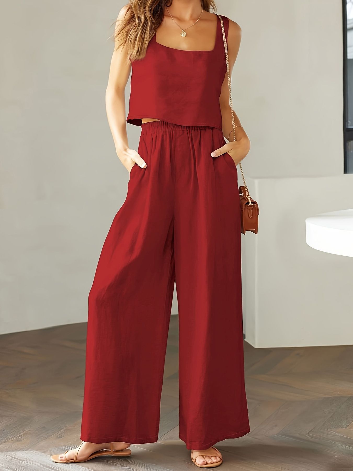 2024 New European and American Fashion Women's 2-piece Set, Square Collar Sleeveless Strap Tank Top, Wide Leg Pants Casual Set, Cotton Elastic Waist, Pocket, Slim Fit Versatile, Soft and Skin friendly