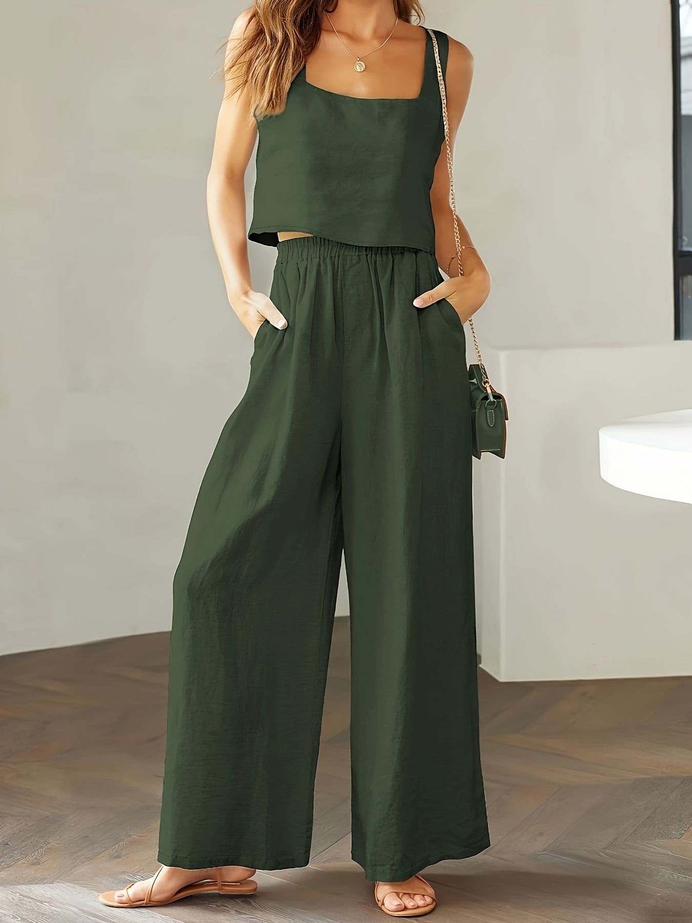 2024 New European and American Fashion Women's 2-piece Set, Square Collar Sleeveless Strap Tank Top, Wide Leg Pants Casual Set, Cotton Elastic Waist, Pocket, Slim Fit Versatile, Soft and Skin friendly