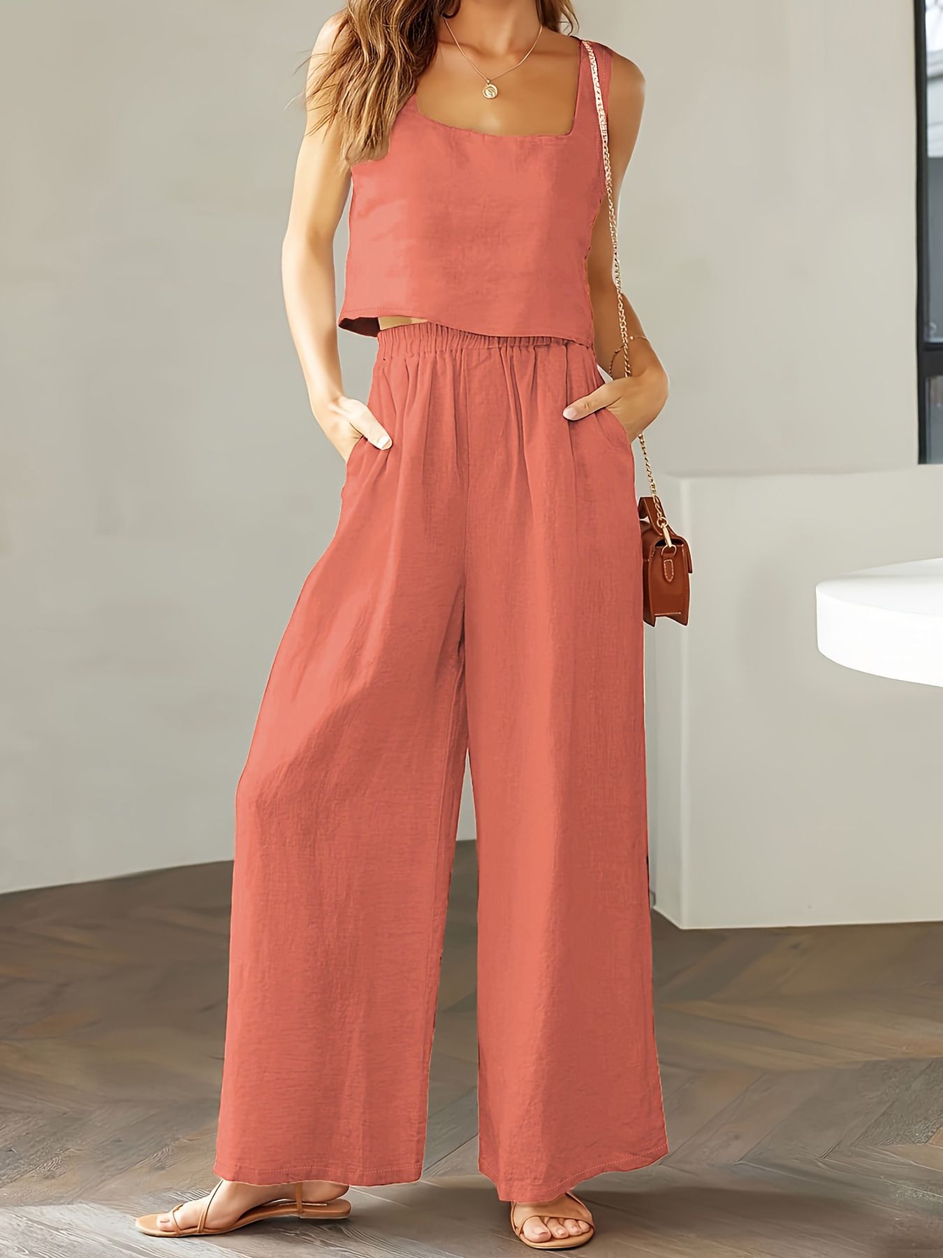 2024 New European and American Fashion Women's 2-piece Set, Square Collar Sleeveless Strap Tank Top, Wide Leg Pants Casual Set, Cotton Elastic Waist, Pocket, Slim Fit Versatile, Soft and Skin friendly