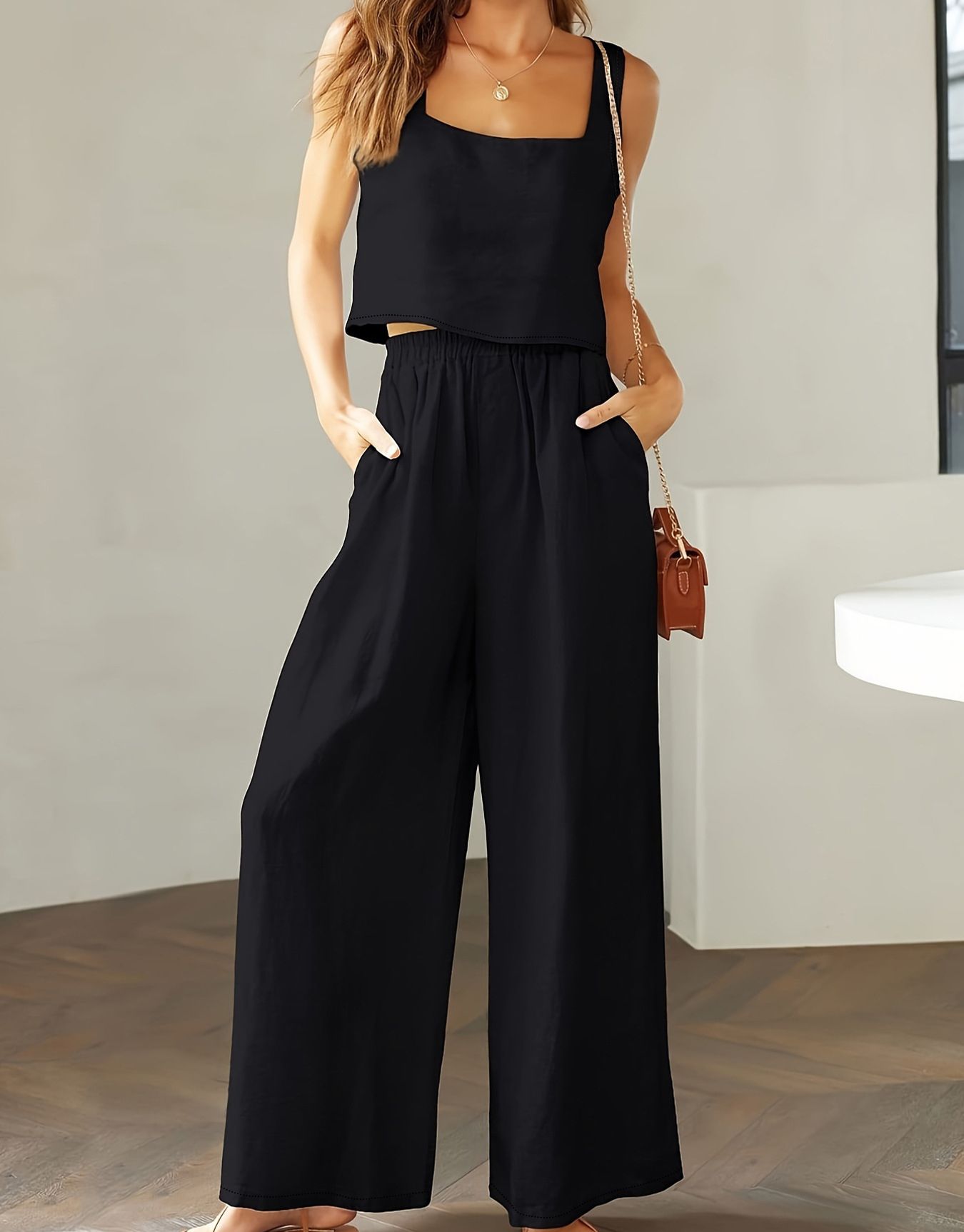 2024 New European and American Fashion Women's 2-piece Set, Square Collar Sleeveless Strap Tank Top, Wide Leg Pants Casual Set, Cotton Elastic Waist, Pocket, Slim Fit Versatile, Soft and Skin friendly
