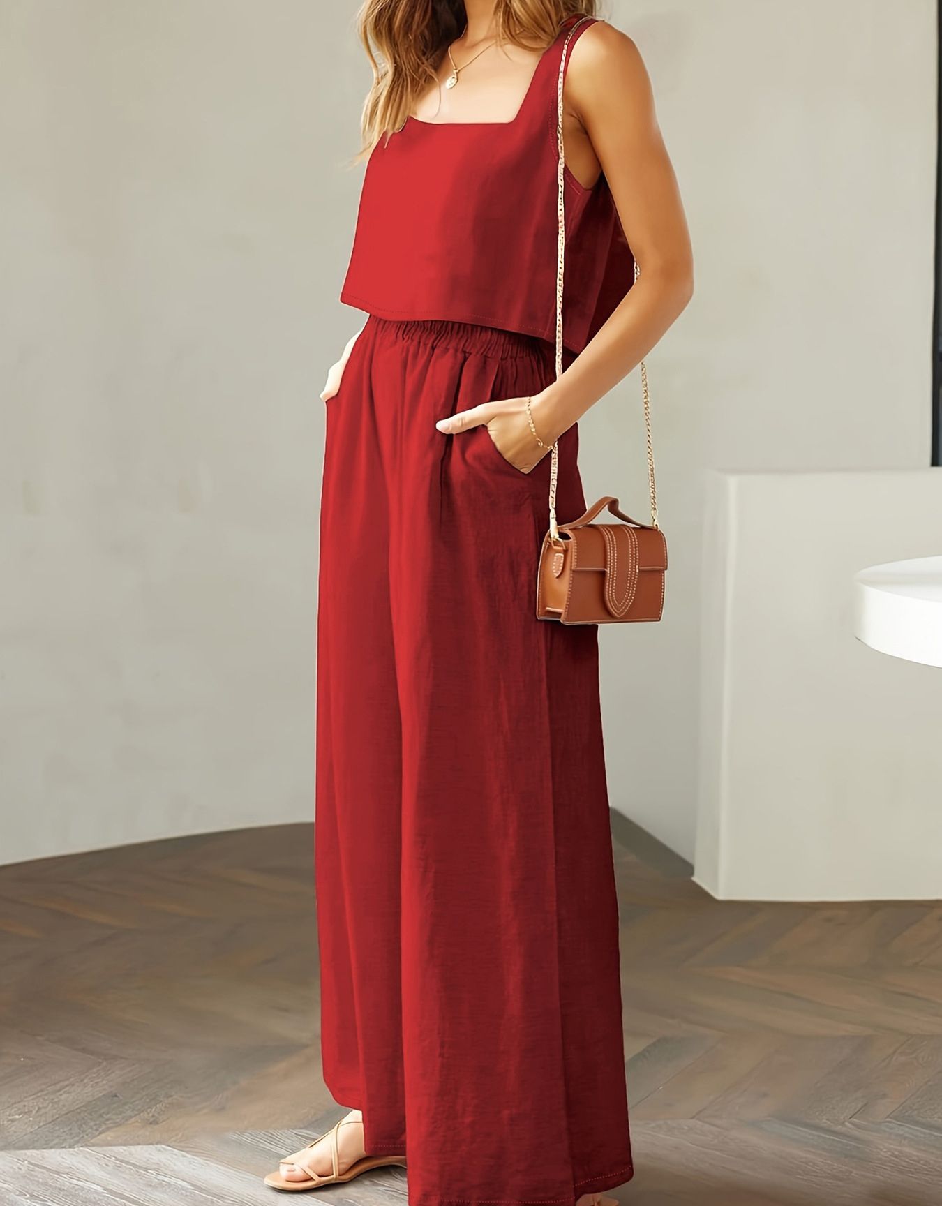 2024 New European and American Fashion Women's 2-piece Set, Square Collar Sleeveless Strap Tank Top, Wide Leg Pants Casual Set, Cotton Elastic Waist, Pocket, Slim Fit Versatile, Soft and Skin friendly