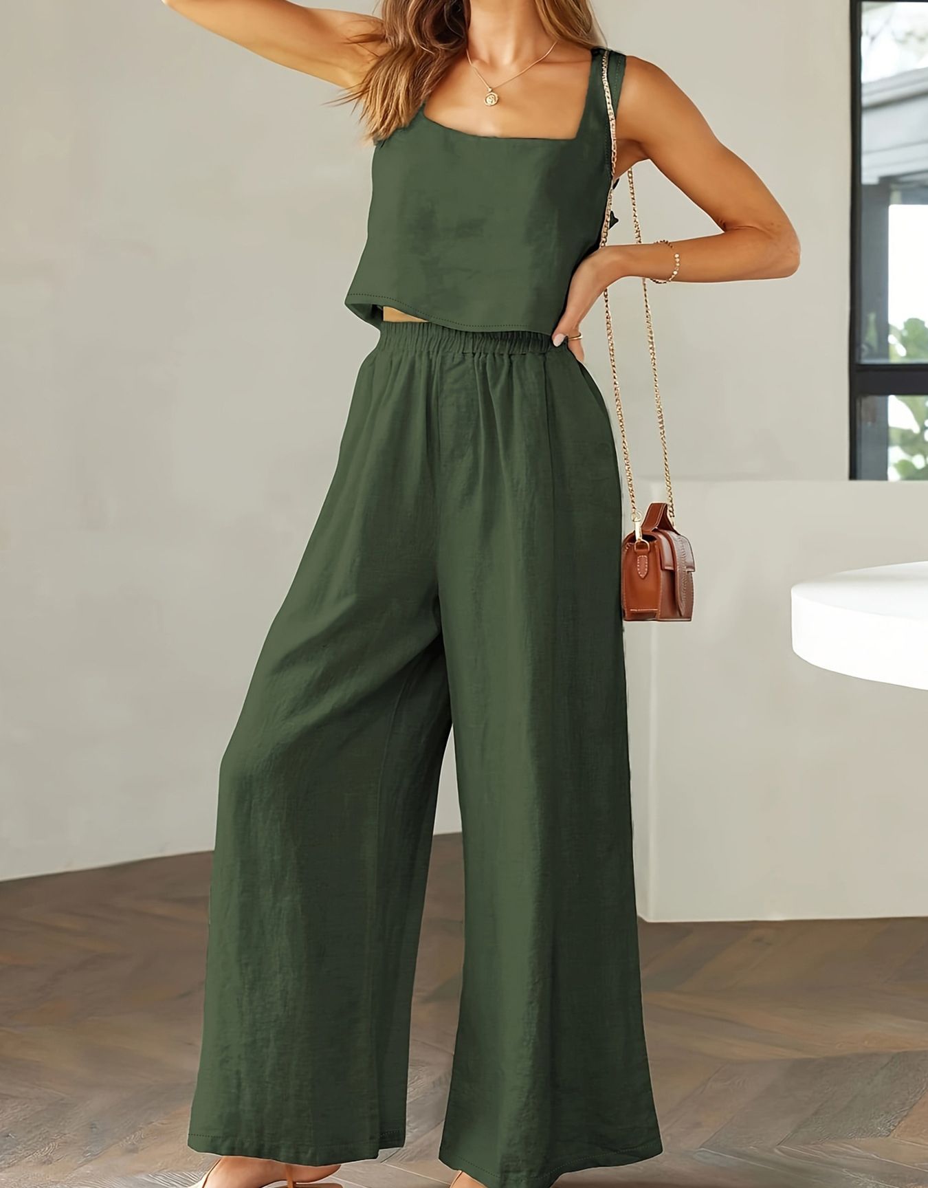2024 New European and American Fashion Women's 2-piece Set, Square Collar Sleeveless Strap Tank Top, Wide Leg Pants Casual Set, Cotton Elastic Waist, Pocket, Slim Fit Versatile, Soft and Skin friendly