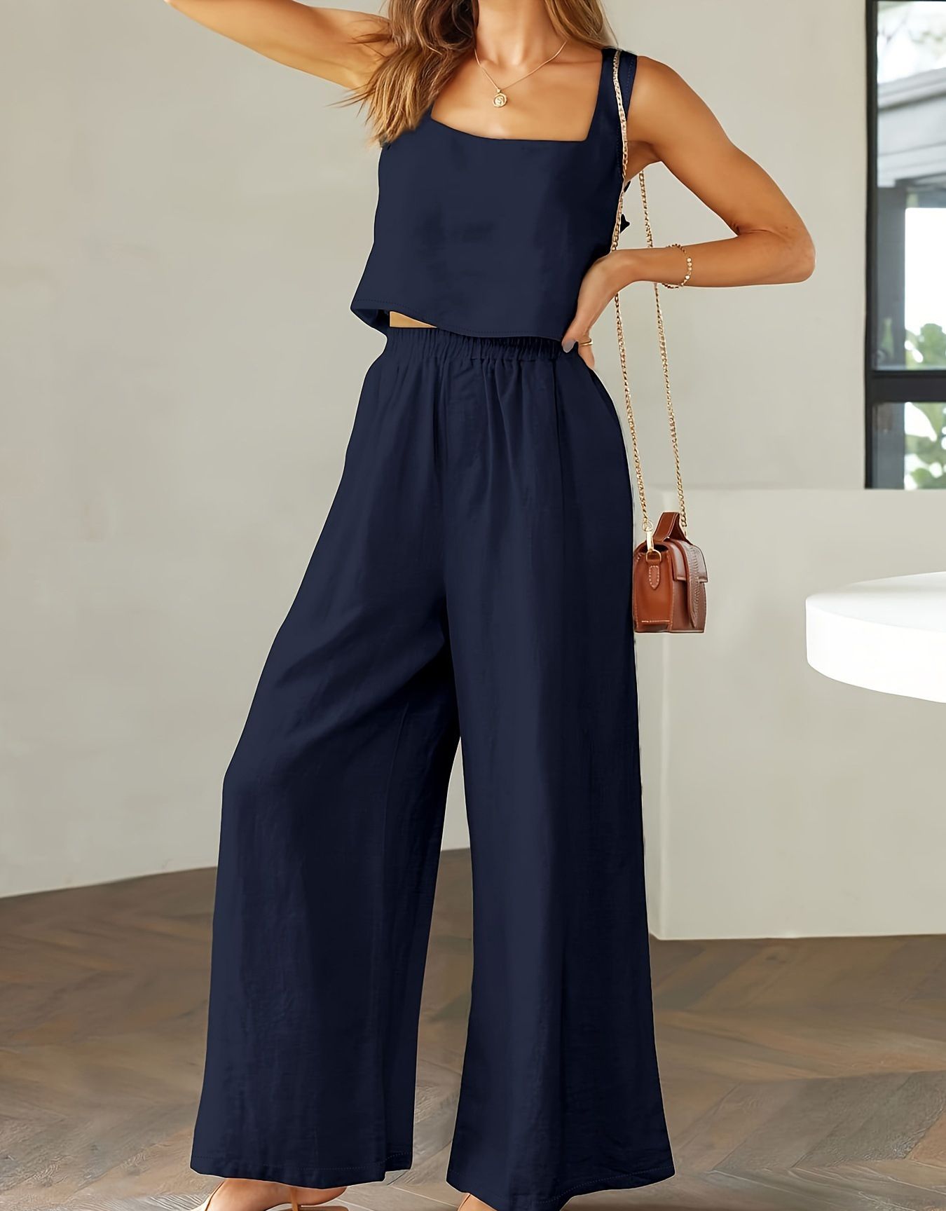 2024 New European and American Fashion Women's 2-piece Set, Square Collar Sleeveless Strap Tank Top, Wide Leg Pants Casual Set, Cotton Elastic Waist, Pocket, Slim Fit Versatile, Soft and Skin friendly