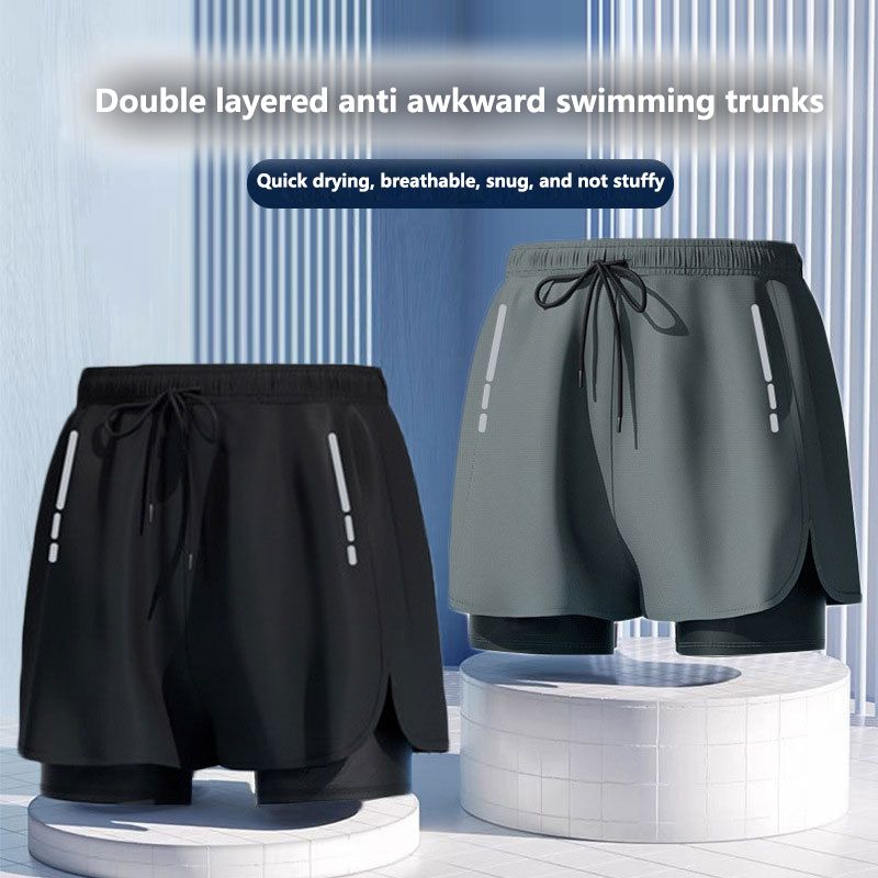 Fashionable new swimsuit men, anti awkward loose oversized shorts, quick drying swimsuit men's beach pants, hot spring double-layer lined swimming equipment, quick drying, breathable, sweat absorbing
