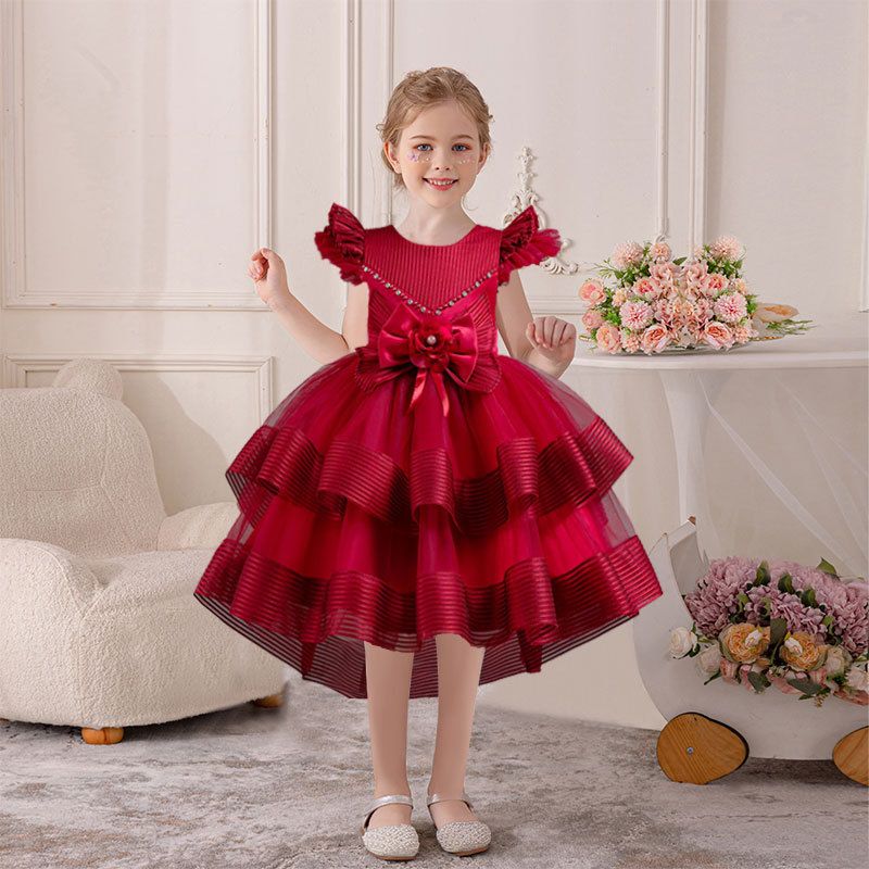 Hot selling girls' dress princess dress,camisole puffy dress,flower girl host chiffon dress,piano performance evening dress long dress,waist cinching A-line dress,fashionable butterfly sleeves,soft