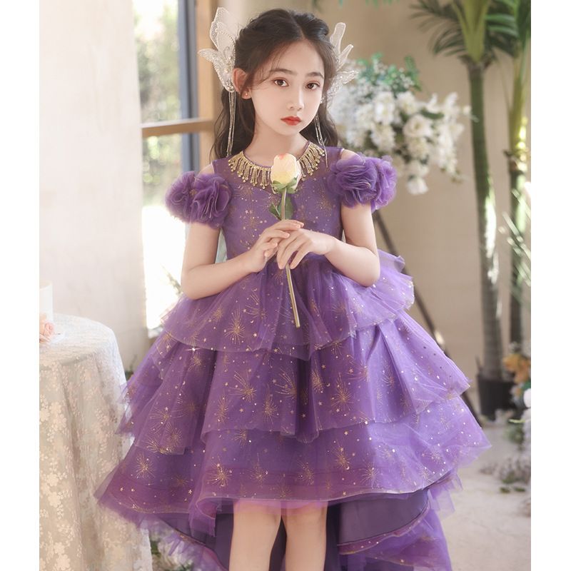 Hot selling children's dresses,birthday princess dresses,purple host flower girl evening dresses, little girl piano performance costumes,high-end luxury chiffon dresses,waist cinching A-line dresses