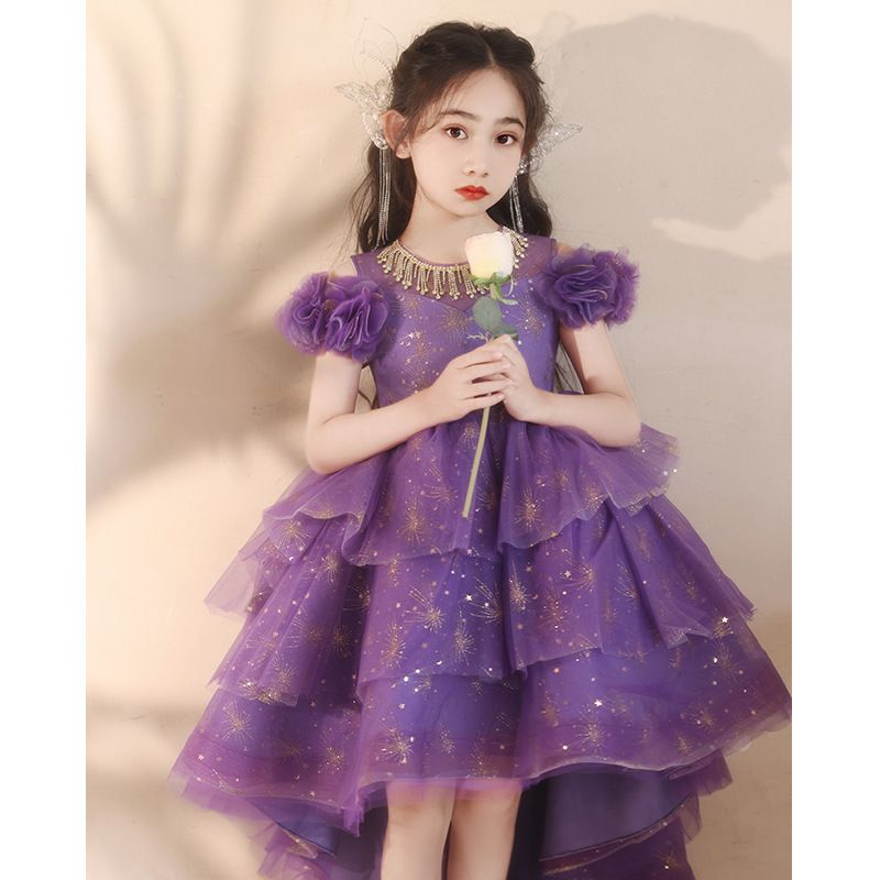 Hot selling children's dresses,birthday princess dresses,purple host flower girl evening dresses, little girl piano performance costumes,high-end luxury chiffon dresses,waist cinching A-line dresses