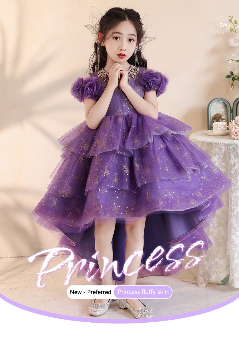 Hot selling children's dresses,birthday princess dresses,purple host flower girl evening dresses, little girl piano performance costumes,high-end luxury chiffon dresses,waist cinching A-line dresses