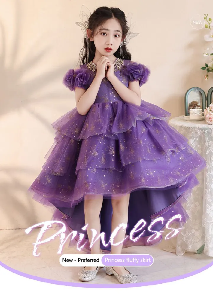 Hot selling children's dresses,birthday princess dresses,purple host flower girl evening dresses, little girl piano performance costumes,high-end luxury chiffon dresses,waist cinching A-line dresses