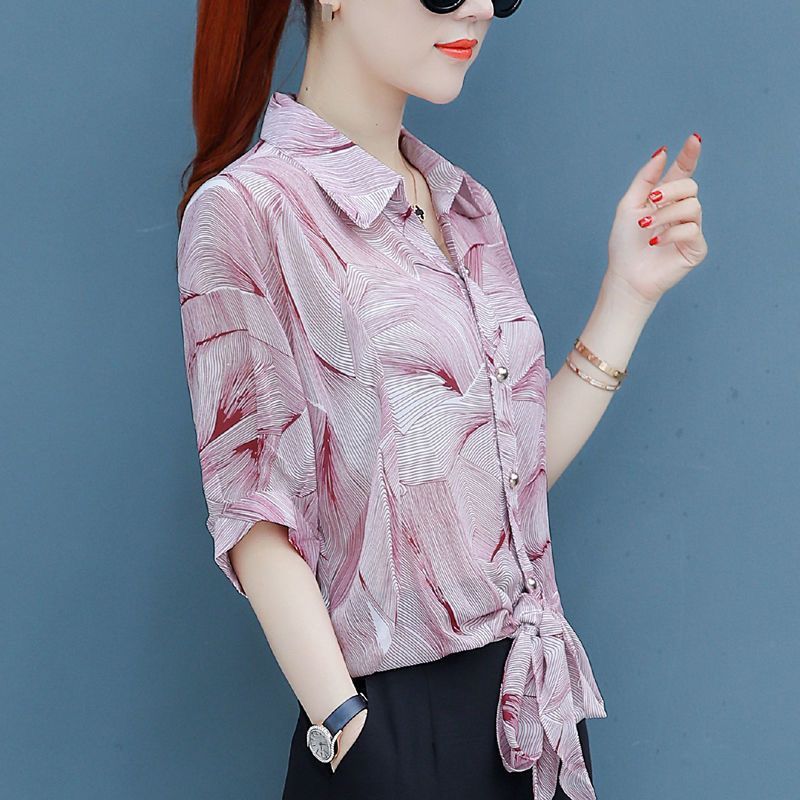 Fashionable floral chiffon top, women's 2024 spring/summer autumn short sleeved shirt, loose and stylish small shirt, belly covering slim fit T-shirt, lapel cardigan clothes, casual and versatile