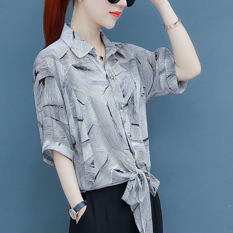 Fashionable floral chiffon top, women's 2024 spring/summer autumn short sleeved shirt, loose and stylish small shirt, belly covering slim fit T-shirt, lapel cardigan clothes, casual and versatile