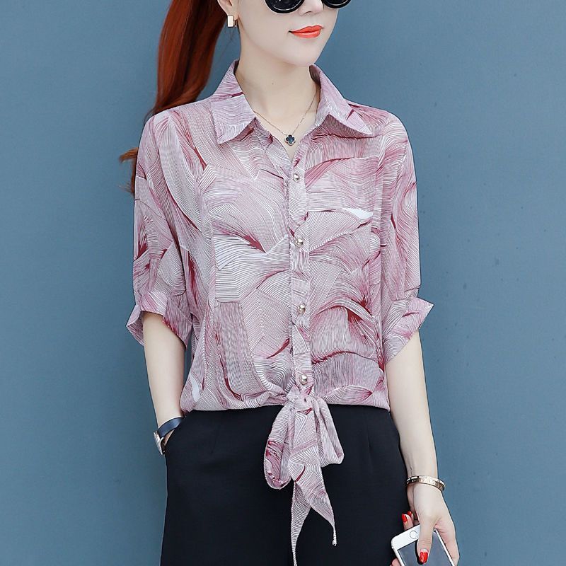 Fashionable floral chiffon top, women's 2024 spring/summer autumn short sleeved shirt, loose and stylish small shirt, belly covering slim fit T-shirt, lapel cardigan clothes, casual and versatile