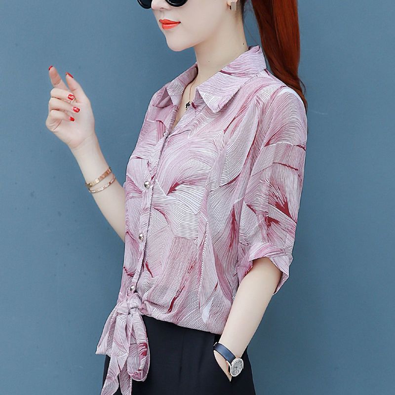 Fashionable floral chiffon top, women's 2024 spring/summer autumn short sleeved shirt, loose and stylish small shirt, belly covering slim fit T-shirt, lapel cardigan clothes, casual and versatile