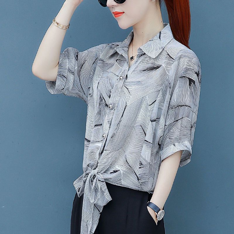 Fashionable floral chiffon top, women's 2024 spring/summer autumn short sleeved shirt, loose and stylish small shirt, belly covering slim fit T-shirt, lapel cardigan clothes, casual and versatile