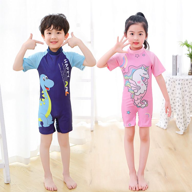European and American cartoon children's swimsuits,cute boys and girls' swimsuits,one-piece baby quick drying swimsuits for small and medium-sized children,short sleeved dinosaur seahorse unicorn,soft