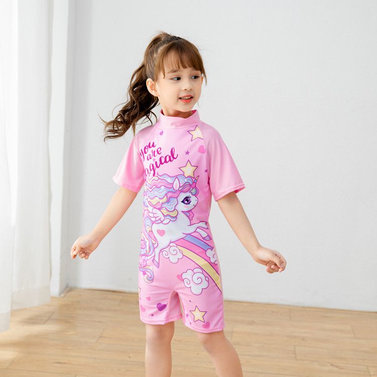European and American cartoon children's swimsuits,cute boys and girls' swimsuits,one-piece baby quick drying swimsuits for small and medium-sized children,short sleeved dinosaur seahorse unicorn,soft