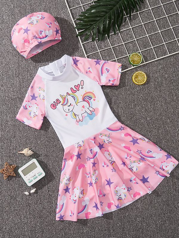 Hot selling children's swimsuits,girls' one-piece swimsuits for summer,training swimsuits for small,medium,and large children and girls,round neck waistband A-line skirt,soft comfortable, quick drying