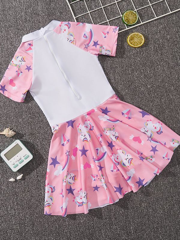 Hot selling children's swimsuits,girls' one-piece swimsuits for summer,training swimsuits for small,medium,and large children and girls,round neck waistband A-line skirt,soft comfortable, quick drying