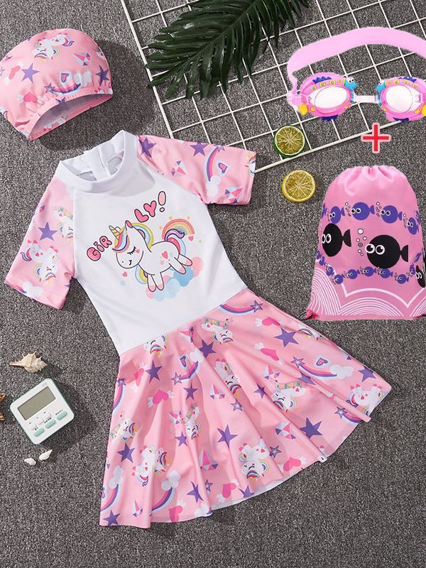 Hot selling children's swimsuits,girls' one-piece swimsuits for summer,training swimsuits for small,medium,and large children and girls,round neck waistband A-line skirt,soft comfortable, quick drying