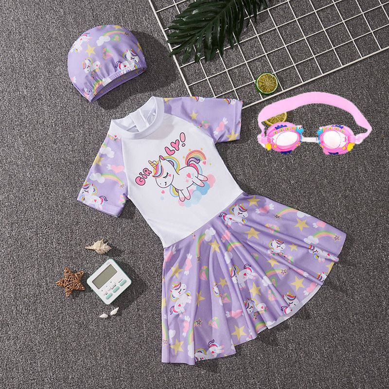 Hot selling children's swimsuits,girls' one-piece swimsuits for summer,training swimsuits for small,medium,and large children and girls,round neck waistband A-line skirt,soft comfortable, quick drying