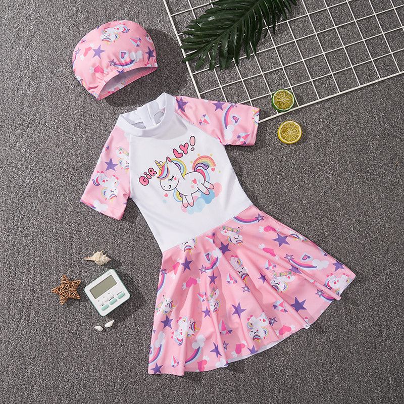 Hot selling children's swimsuits,girls' one-piece swimsuits for summer,training swimsuits for small,medium,and large children and girls,round neck waistband A-line skirt,soft comfortable, quick drying