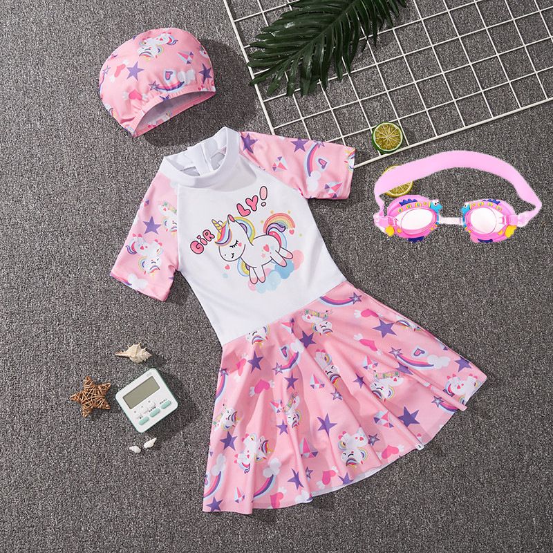 Hot selling children's swimsuits,girls' one-piece swimsuits for summer,training swimsuits for small,medium,and large children and girls,round neck waistband A-line skirt,soft comfortable, quick drying