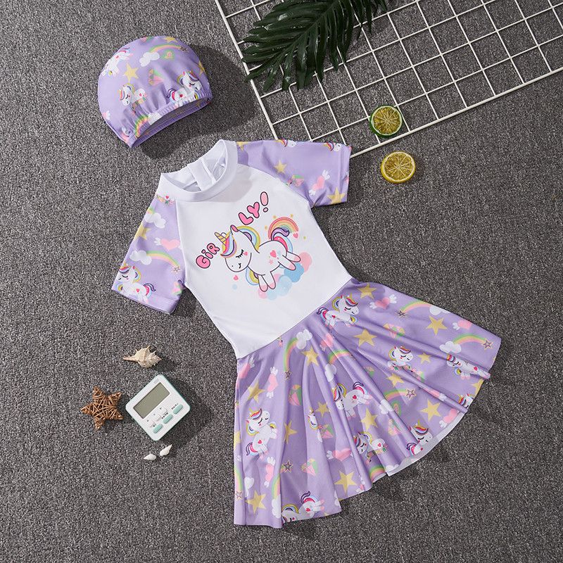 Hot selling children's swimsuits,girls' one-piece swimsuits for summer,training swimsuits for small,medium,and large children and girls,round neck waistband A-line skirt,soft comfortable, quick drying