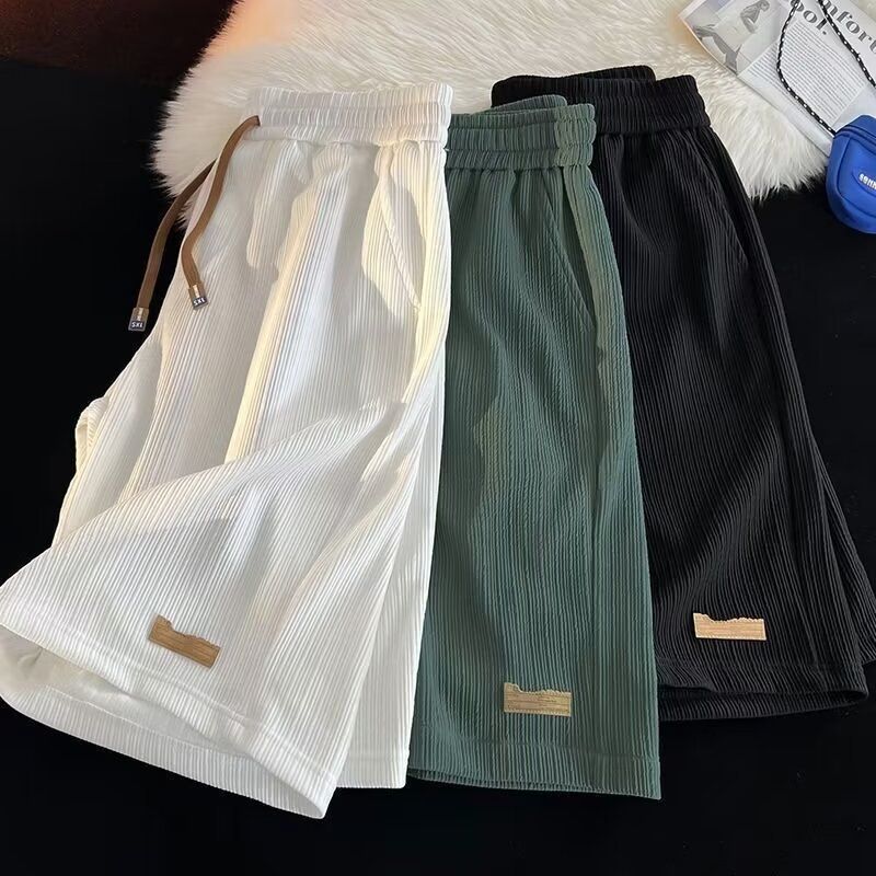New Ice Silk Casual Shorts for Men, Summer Thin American Trendy Brand Trendy Quick Drying Sports Pants, Loose Large Beach Pants, Thin Band Elastic Waist, Pocket, Simple Fashion, Casual Versatile
