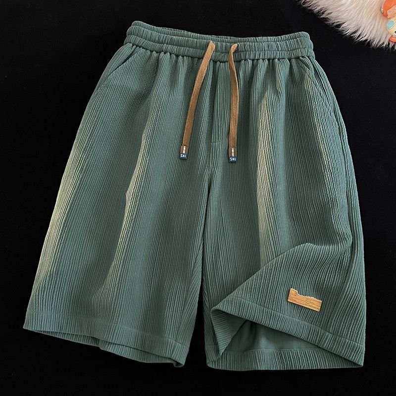 New Ice Silk Casual Shorts for Men, Summer Thin American Trendy Brand Trendy Quick Drying Sports Pants, Loose Large Beach Pants, Thin Band Elastic Waist, Pocket, Simple Fashion, Casual Versatile