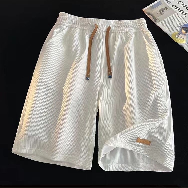 New Ice Silk Casual Shorts for Men, Summer Thin American Trendy Brand Trendy Quick Drying Sports Pants, Loose Large Beach Pants, Thin Band Elastic Waist, Pocket, Simple Fashion, Casual Versatile