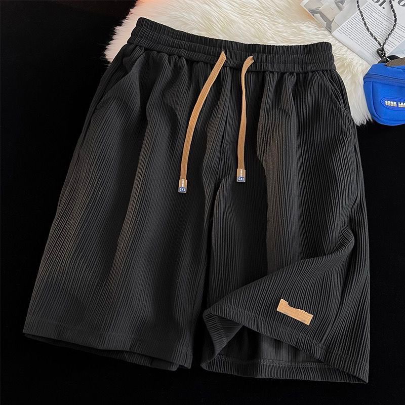 New Ice Silk Casual Shorts for Men, Summer Thin American Trendy Brand Trendy Quick Drying Sports Pants, Loose Large Beach Pants, Thin Band Elastic Waist, Pocket, Simple Fashion, Casual Versatile