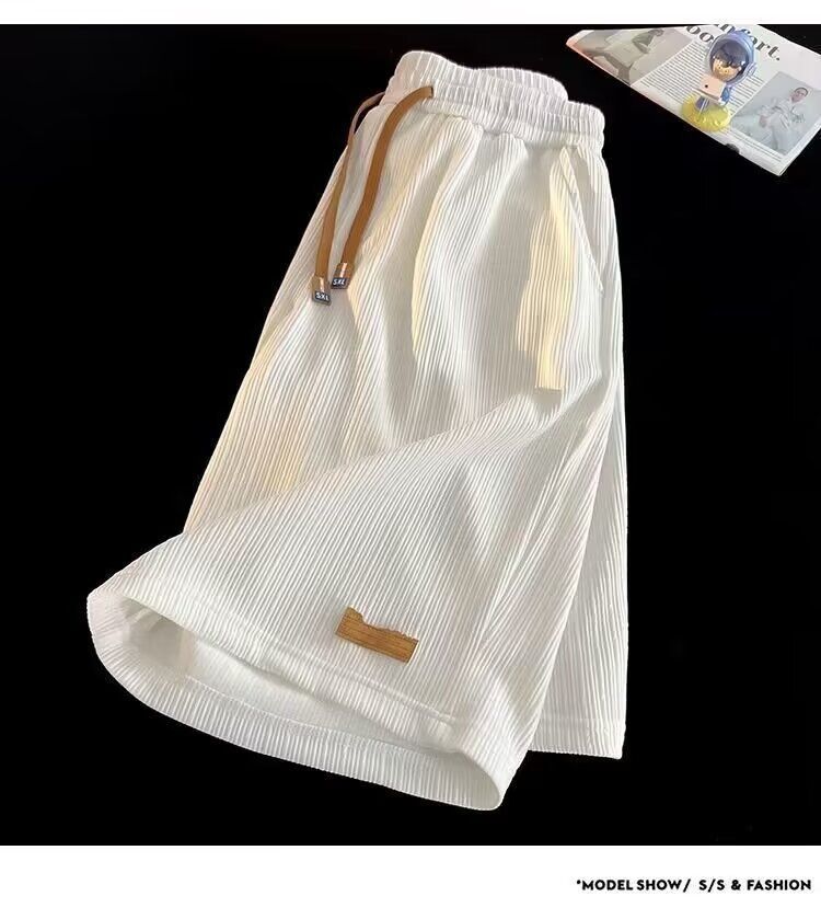 New Ice Silk Casual Shorts for Men, Summer Thin American Trendy Brand Trendy Quick Drying Sports Pants, Loose Large Beach Pants, Thin Band Elastic Waist, Pocket, Simple Fashion, Casual Versatile