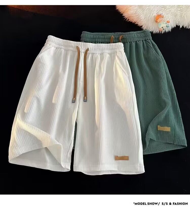 New Ice Silk Casual Shorts for Men, Summer Thin American Trendy Brand Trendy Quick Drying Sports Pants, Loose Large Beach Pants, Thin Band Elastic Waist, Pocket, Simple Fashion, Casual Versatile