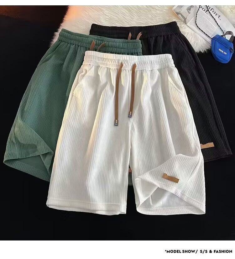 New Ice Silk Casual Shorts for Men, Summer Thin American Trendy Brand Trendy Quick Drying Sports Pants, Loose Large Beach Pants, Thin Band Elastic Waist, Pocket, Simple Fashion, Casual Versatile
