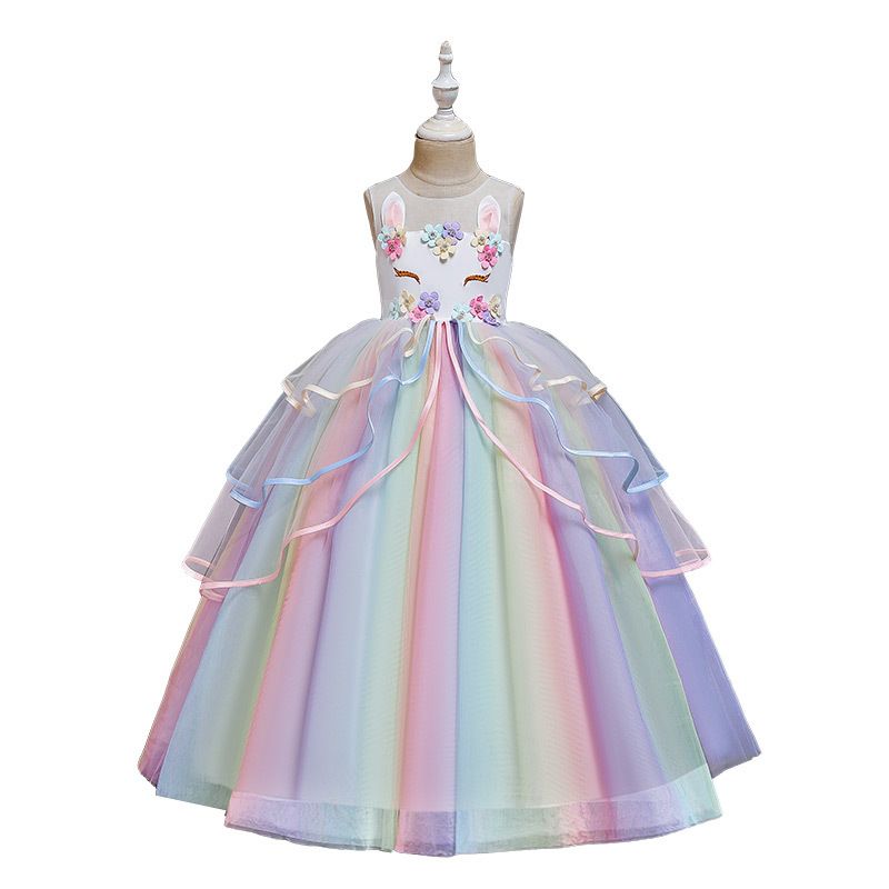 New European and American children's dress,unicorn hot selling rainbow fluffy mesh princess dress,round neck girls' gauze dress,slim waist A-line skirt,suitable for performance parties performances
