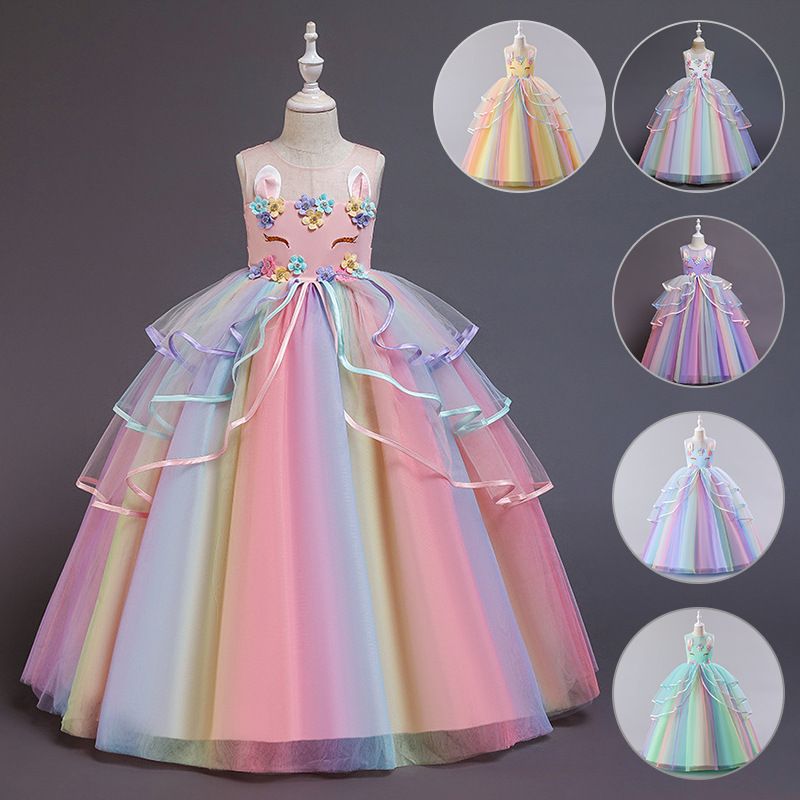 New European and American children's dress,unicorn hot selling rainbow fluffy mesh princess dress,round neck girls' gauze dress,slim waist A-line skirt,suitable for performance parties performances