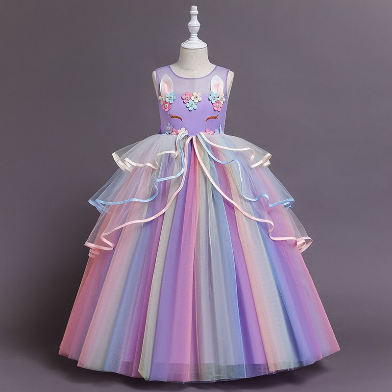 New European and American children's dress,unicorn hot selling rainbow fluffy mesh princess dress,round neck girls' gauze dress,slim waist A-line skirt,suitable for performance parties performances